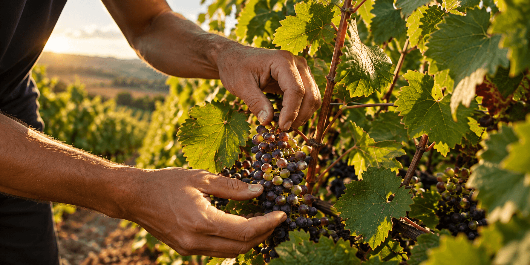 Mains cueillant une grappe dans les vignes au soleil couchant