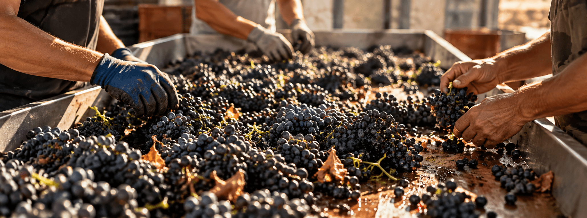 Tri à la main des grappes de Pinot Noir après la vendange