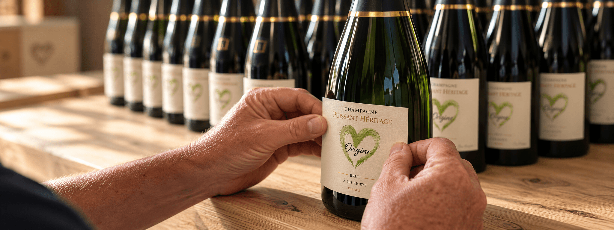 Mains posant l'étiquette d'une bouteille de la cuvée Origine